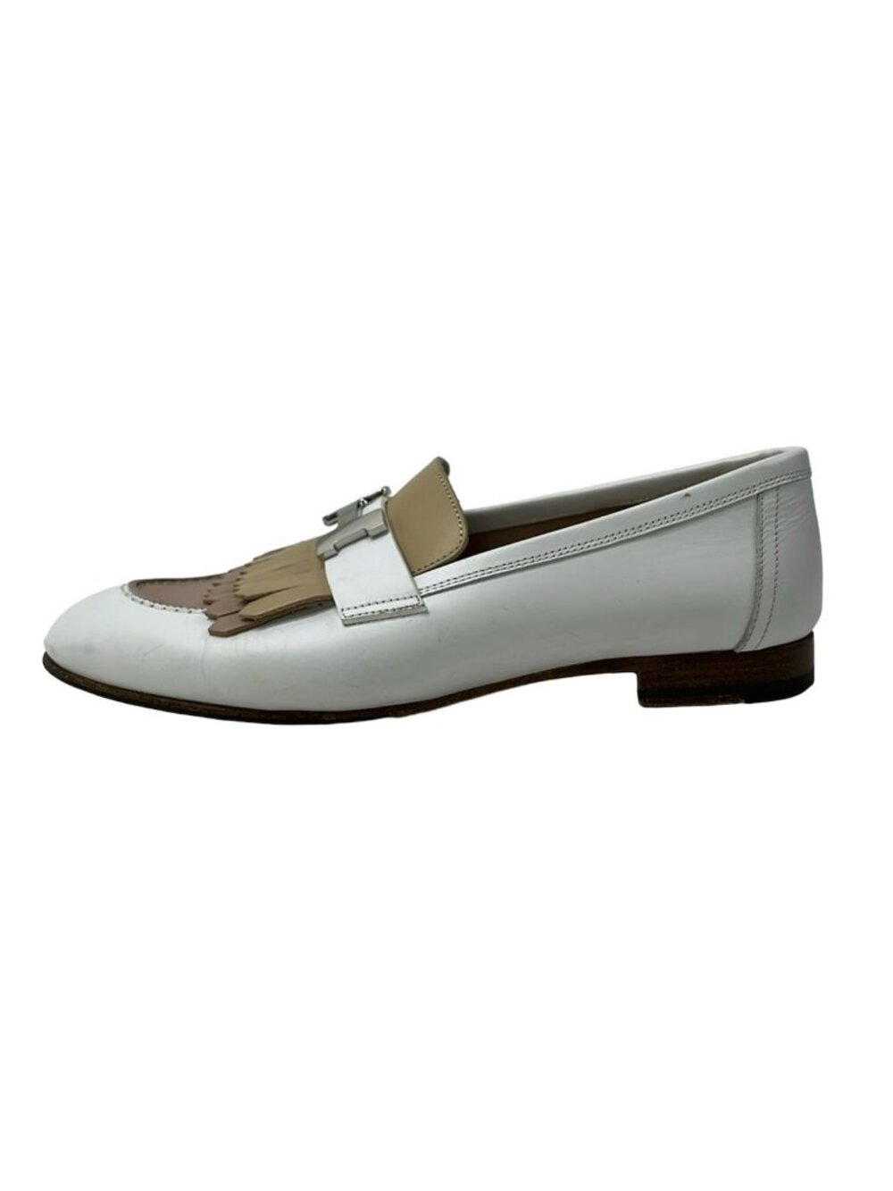 Hermes Loafers Moccasins Royal White Beige Silver Fringe Leather